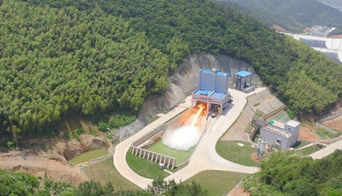 Aerial view of Chinese private launch firm Landspace testing its Tianque-12 methalox engine at a facility in Huzhou.