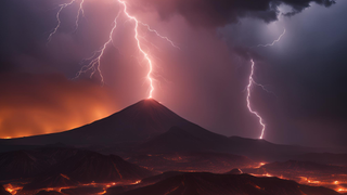 A dark lava cracked landscape with a shadowed volcano in the background.