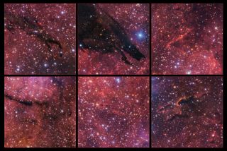 Six images of red smoke with black clearings that comprise aspects of a wolf-like cosmic body