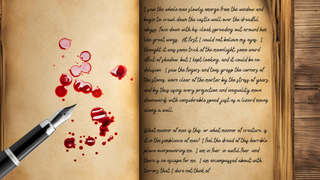 A yellow paged book with splatters of red liquid on its left hand side