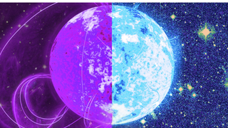 A bright glowing sphere, one half purple the other blue.