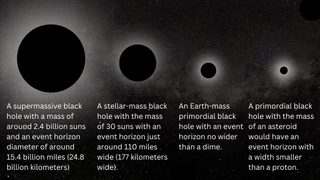 Four different types of black holes are shown, with the largest on the left. They get smaller as you go toward the right.