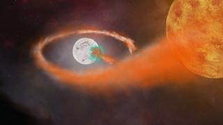 A glowing silver sphere linked to a larger orange sphere by a trail of orange and white smoke