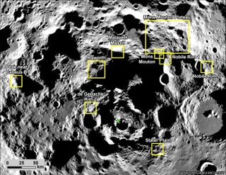 A grey rocky surface battered with craters, with yellow boxes labeled around certain craters.