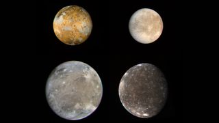 Four of Jupiter's moons — from left to right, top to bottom: Io, Europa, Ganymede and Callisto — are displayed at their relative sizes.