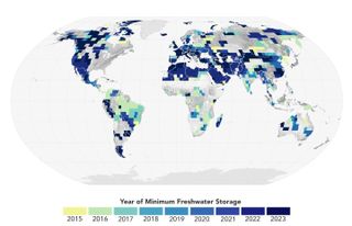 This map shows the years that terrestrial water storage hit a 22-year minimum (i.e., the land was driest) at each location, based on data from the GRACE and GRACE/FO satellites. A significantly large portion of the global land surface reached this minimum in the nine years since 2015, which happen to be the nine warmest years in the modern temperature record.