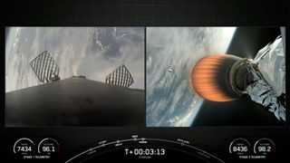 Two side-by-side photos showing rocket hardware in space. At left: A SpaceX Falcon 9 first stage soars above Earth. At right is the view from the rocket's upper stage, whose recently jettisoned payload fairing is visible falling back to Earth.