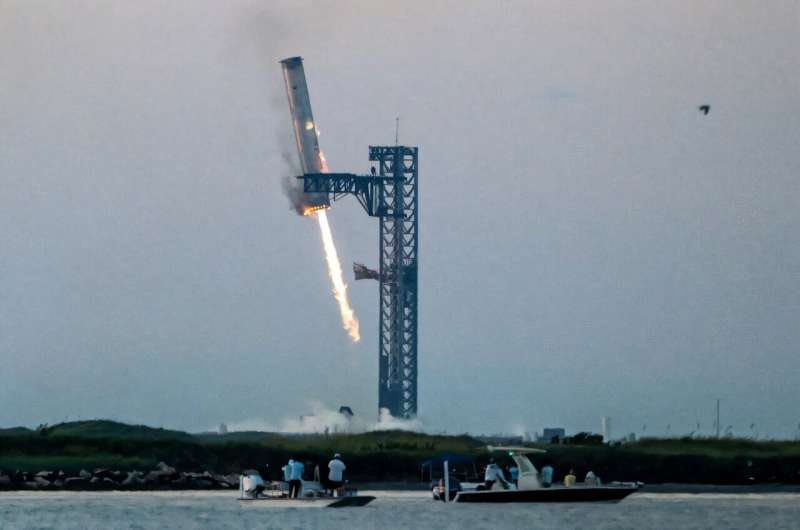 Starship's Super Heavy Booster is grappled at the launch pad in Starbase near Boca Chica, Texas in October 2024, during the Starship Flight 5 test