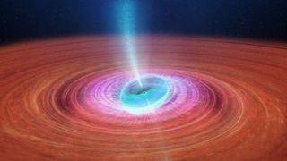 A reddish swirling disk with a blue center and a blue jet protruding from that center, upward.