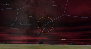 a pink hazy sky looms over a low grassy horizon, with thin blue lines tracing faint points to show constellations. A thin orange circle hangs in the center, intersecting a constellation.