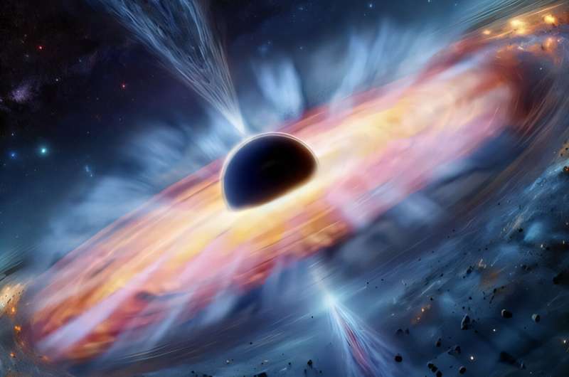 AI-generated representation of an accreting supermassive black hole, surrounded by gas spiraling toward it along the equatorial plane (the accretion disk) and emitting powerful winds of matter as it falls in. This representation is based on a NASA's artist's concept that illustrates a supermassive black hole with millions to billions times the mass of our sun. Credit: Emanuela Tortosa Unlocking the secrets of the first quasars: how they defy the laws of physics to grow