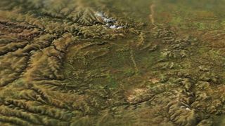 illustration of a large impact crater on earth, as seen from the air. the crater is covered by hills and vegetation