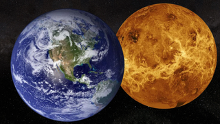 An illustration of Earth next to its evil twin Venus. Does this hellish planet harbor a grim climate warning for Earth?