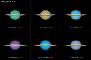 Six false-color images of saturn stacked in two rows.