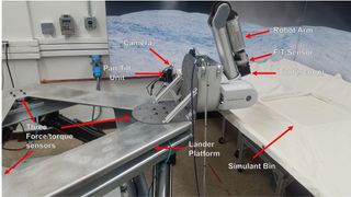 closeup photo of a silver robotic arm in a laboratory, with its various parts labeled