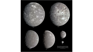 mosaic showing six moons of uranus in black and white