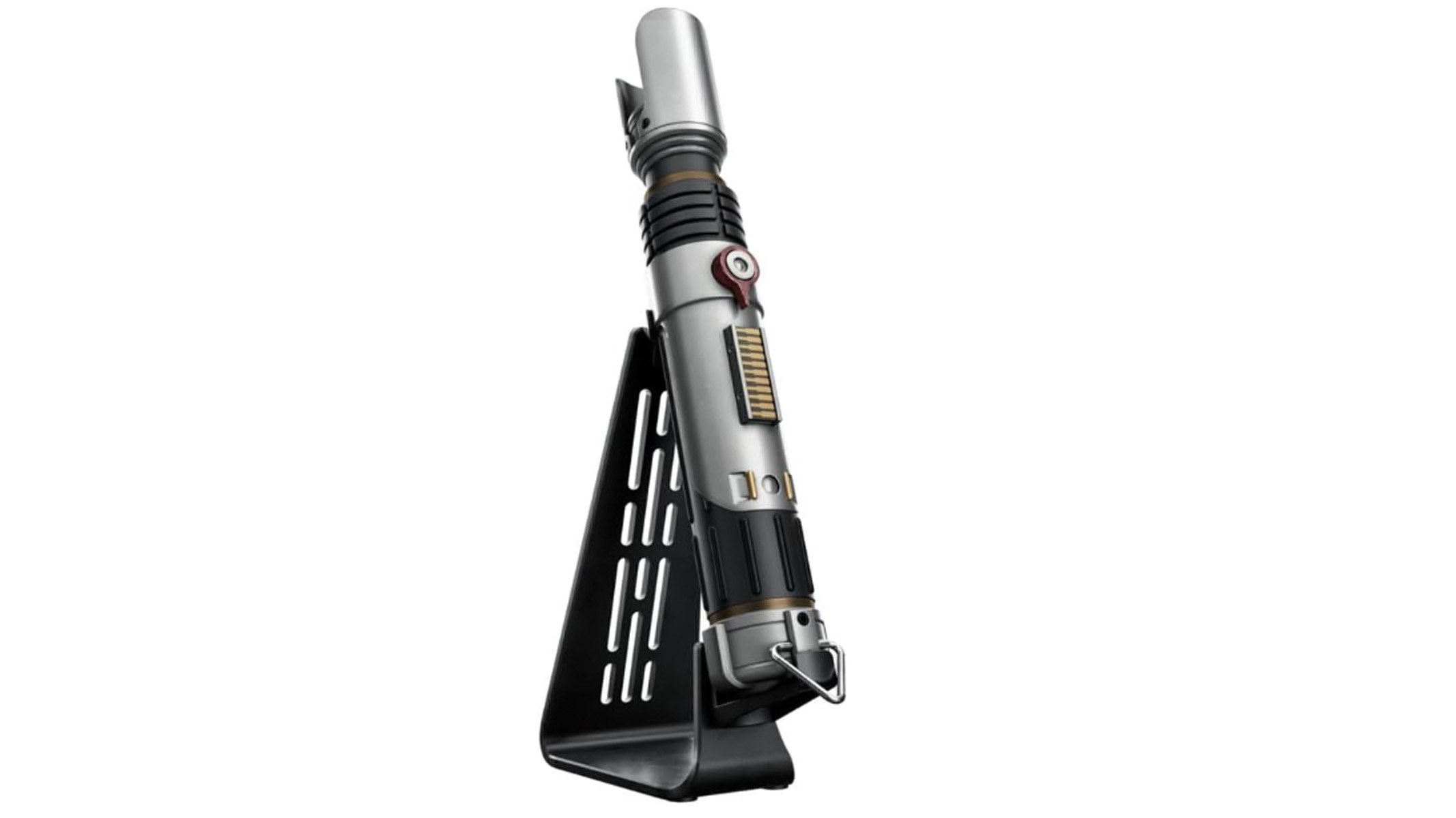 The Sabine Wren lightsaber on a display stand with the blade removed