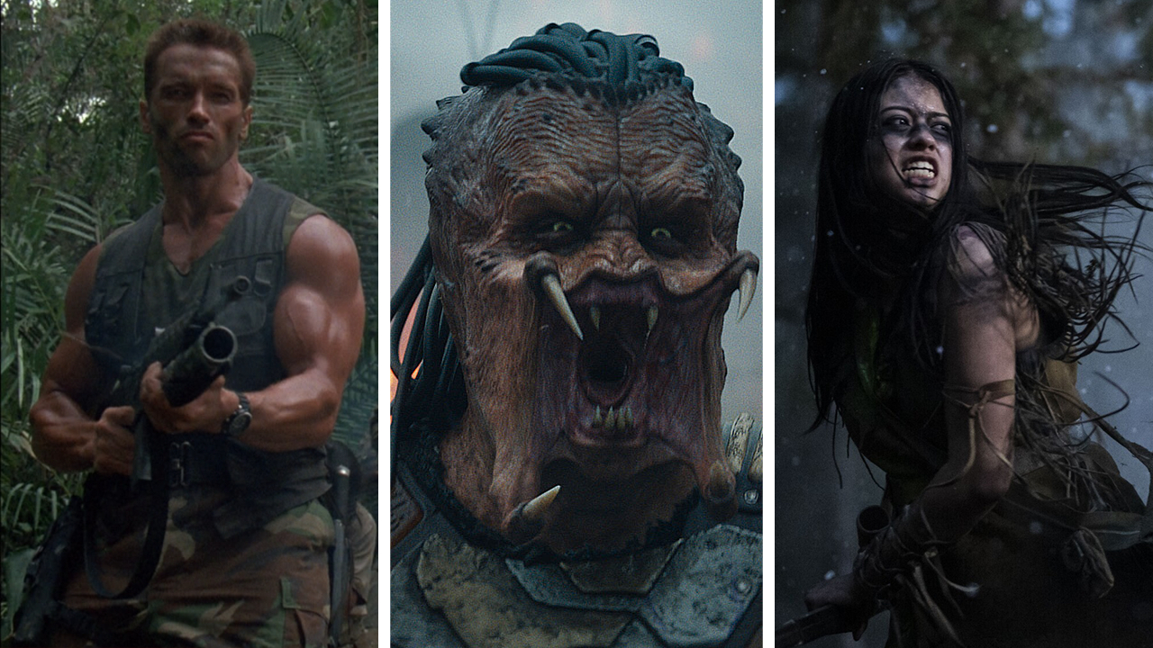Split image for Predator movies in order showing Arnold Schwarzenegger in Predator, the Predator 