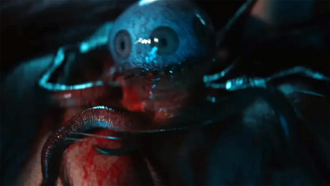 Screenshot from the TV show Alien: Earth. This is an Ocellus which is a small, slimy eyeball-like creature with several tentacles.