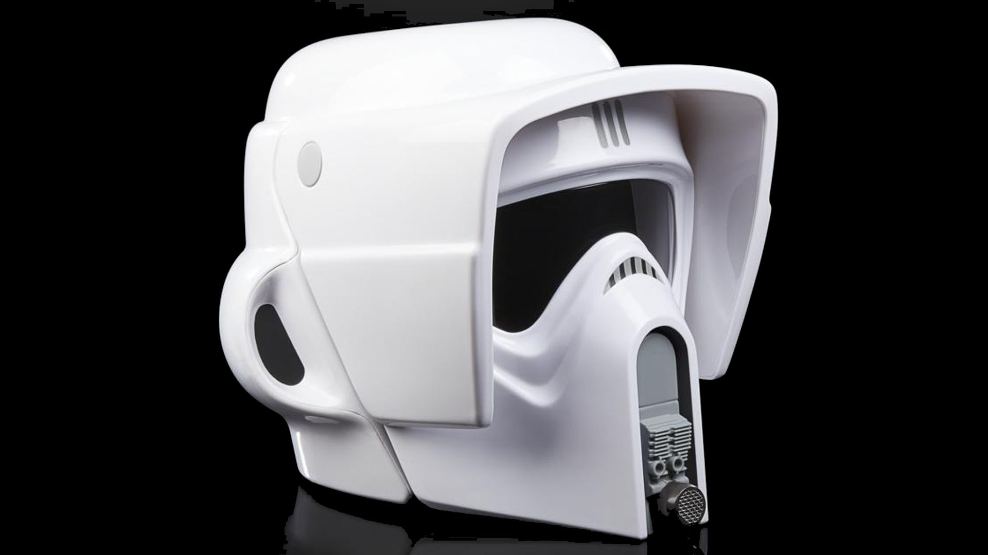 A Star Wars Black Series Scout Trooper Helmet against a black background. 