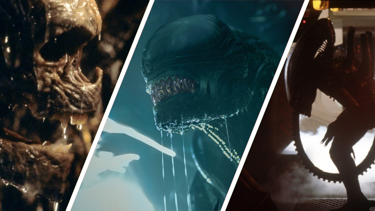 Split image showing screenshots from three Alien movies: (L-R) Alien: Resurrection, Alien: Romulus, and Alien.