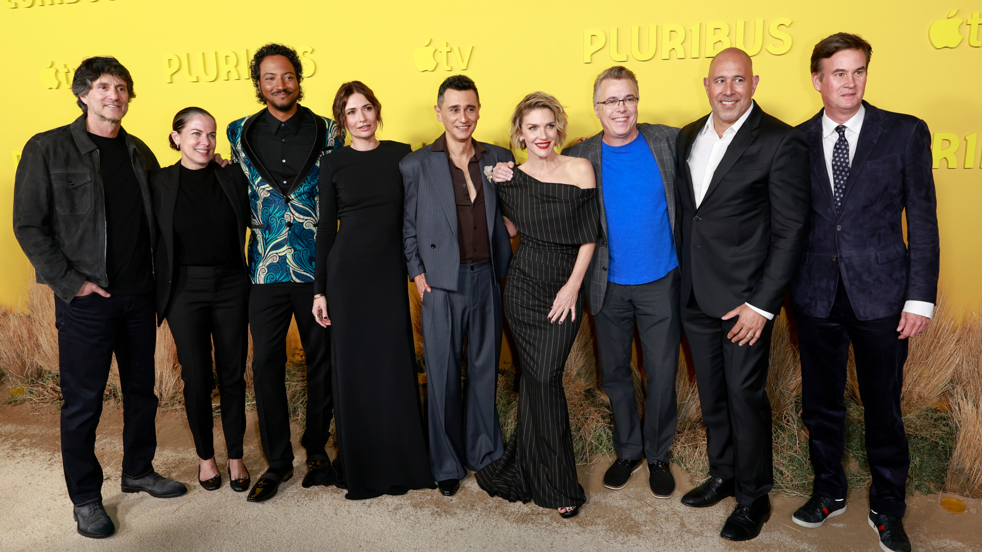 (L-R) Jamie Erlicht, Katherine Pope, President, Sony Pictures Television, Samba Schutte, Karolina Wydra, Rhea Seehorn, Vince Gilligan, Keith Le Goy, Chairman, Sony Pictures Television and Zack Van Amburg attend the world premiere of Apple TV+'s 