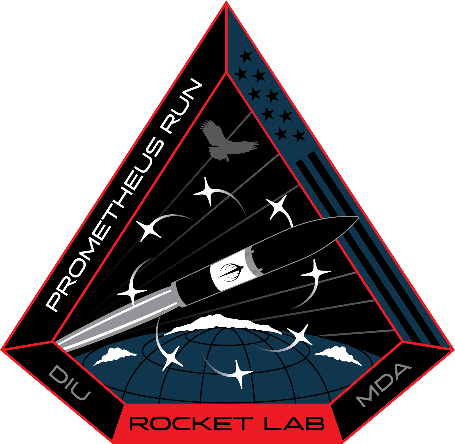 A diamond shaped mission patch with Rocket Lab's name and a rocket on the front.