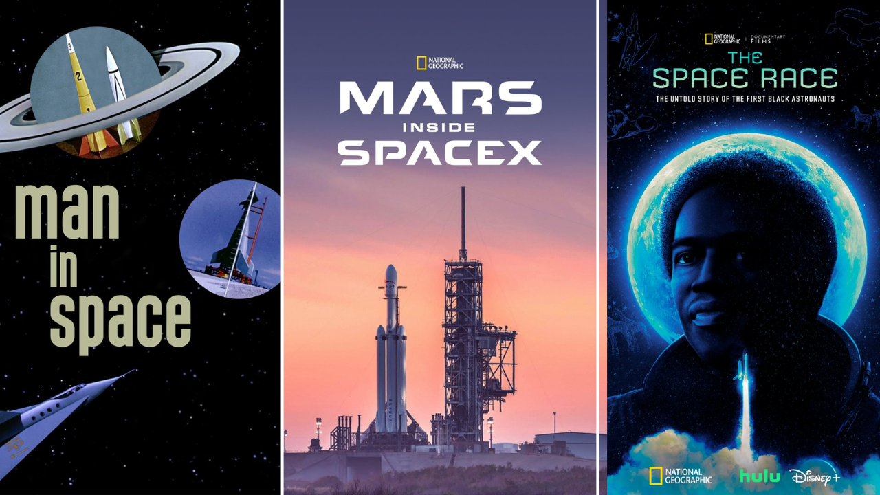 Split image showing posters for Man In Space, Mars: Inside SpaceX and The Space Race on Disney Plus.