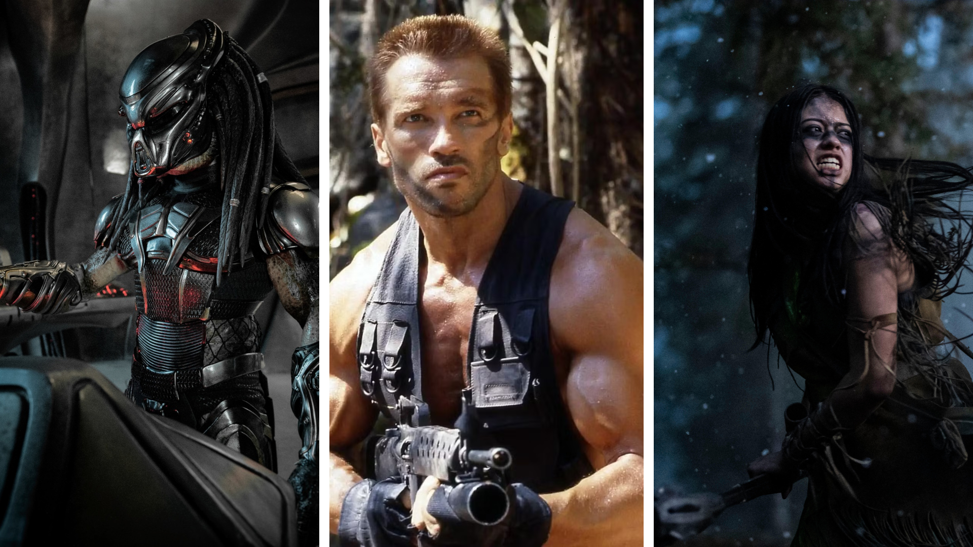 Split image showing three different Predator movies: The Predator (left), Predator (middle), and Prey (right).