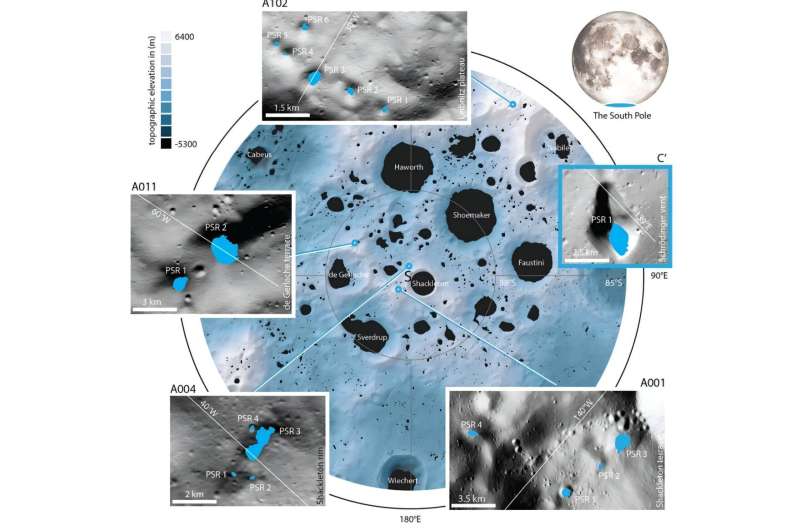 This image from the report shows permanently shadowed regions on the lunar South Pole. These regions could be desirable locations for an optical interferometer, though they present their own problems. Image Credit: W. M. Keck Institute for Space Studies (KISS) Should we build an optical interferometer on the moon?