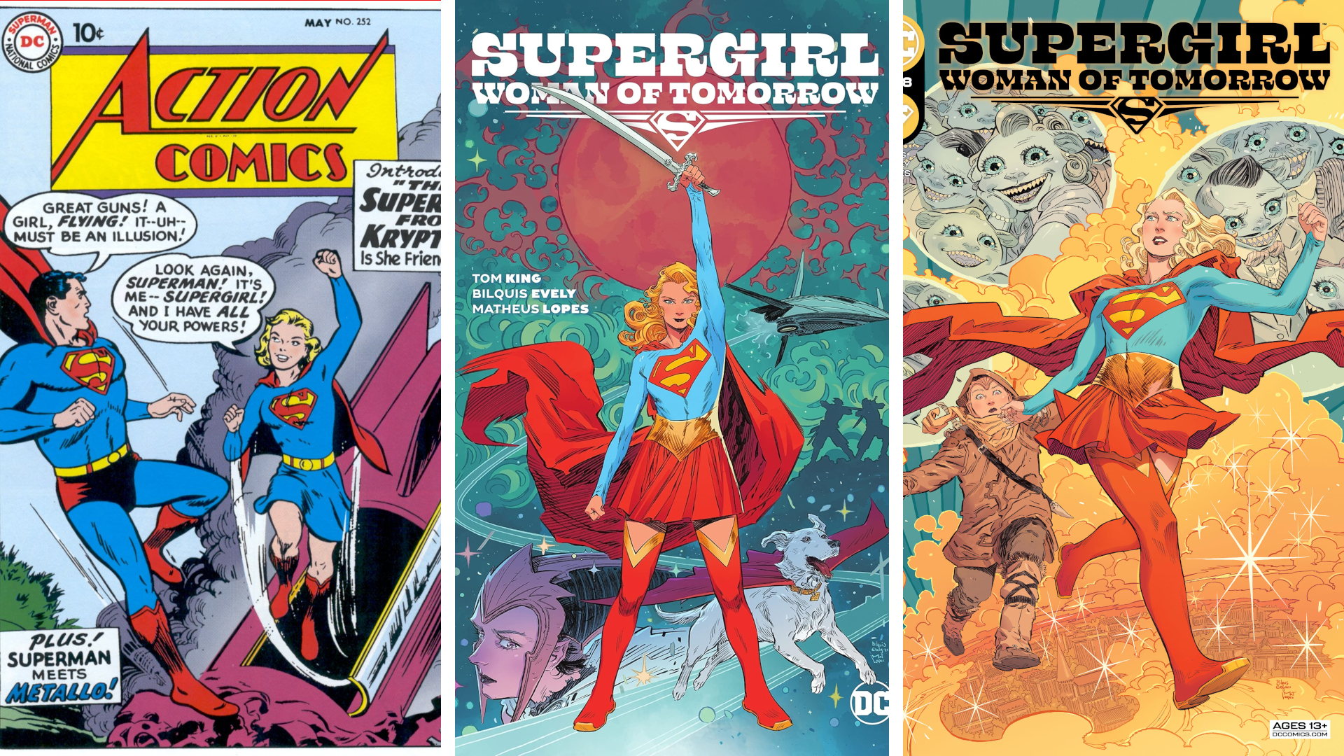 Split image showing three covers for Supergirl comics