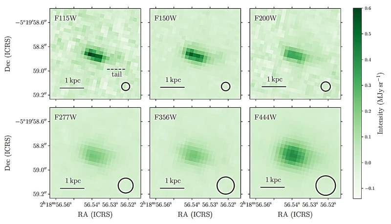 NIRCam images of SXDF-NB1006-2. Credit: arXiv (2025). DOI: 10.48550/arxiv.2510.25721 SXDF-NB1006-2 is a young starburst galaxy experiencing ionized gas outflows, observations find