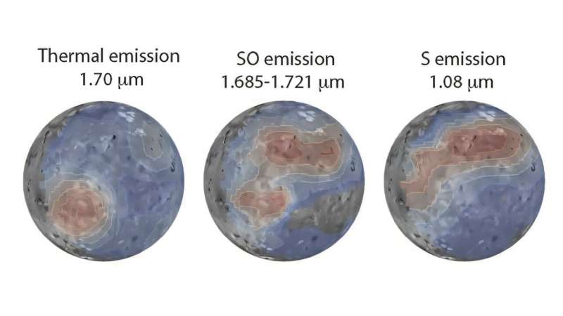 The James Webb Space Telescope’s (JWST) Near Infrared Spectrograph captured emissions of heat, sulfur dioxide, and sulfur from the Jovian moon Io (seen here from left to right, listed with their respective micrometer frequencies). The JWST images are overlaid on a U.S. Geological Survey visible-light map of Io based upon Voyager and Galileo images. Credit: Chris Moeckel and Imke de Pater, UC Berkeley The JWST puts Io's volcanic nature in the spotlight