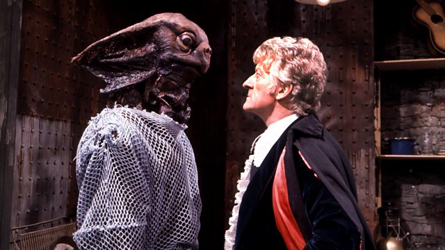 The Third Doctor (Jon Pertwee) facing off against a Sea Devil in Doctor Who season 9.