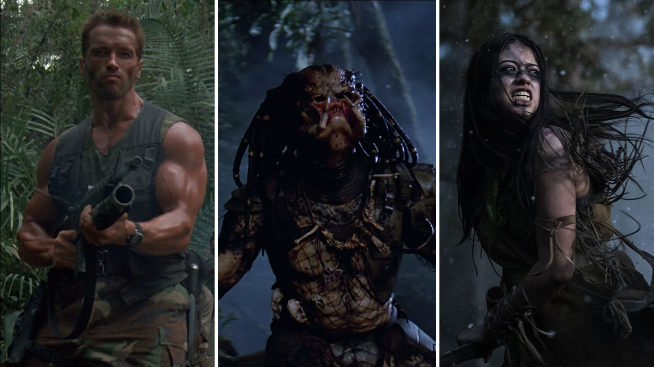 Split image for Predator movies in order showing Arnold Schwarzenegger in Predator, the Predator in Predator, and Amber Midthunder in Prey.