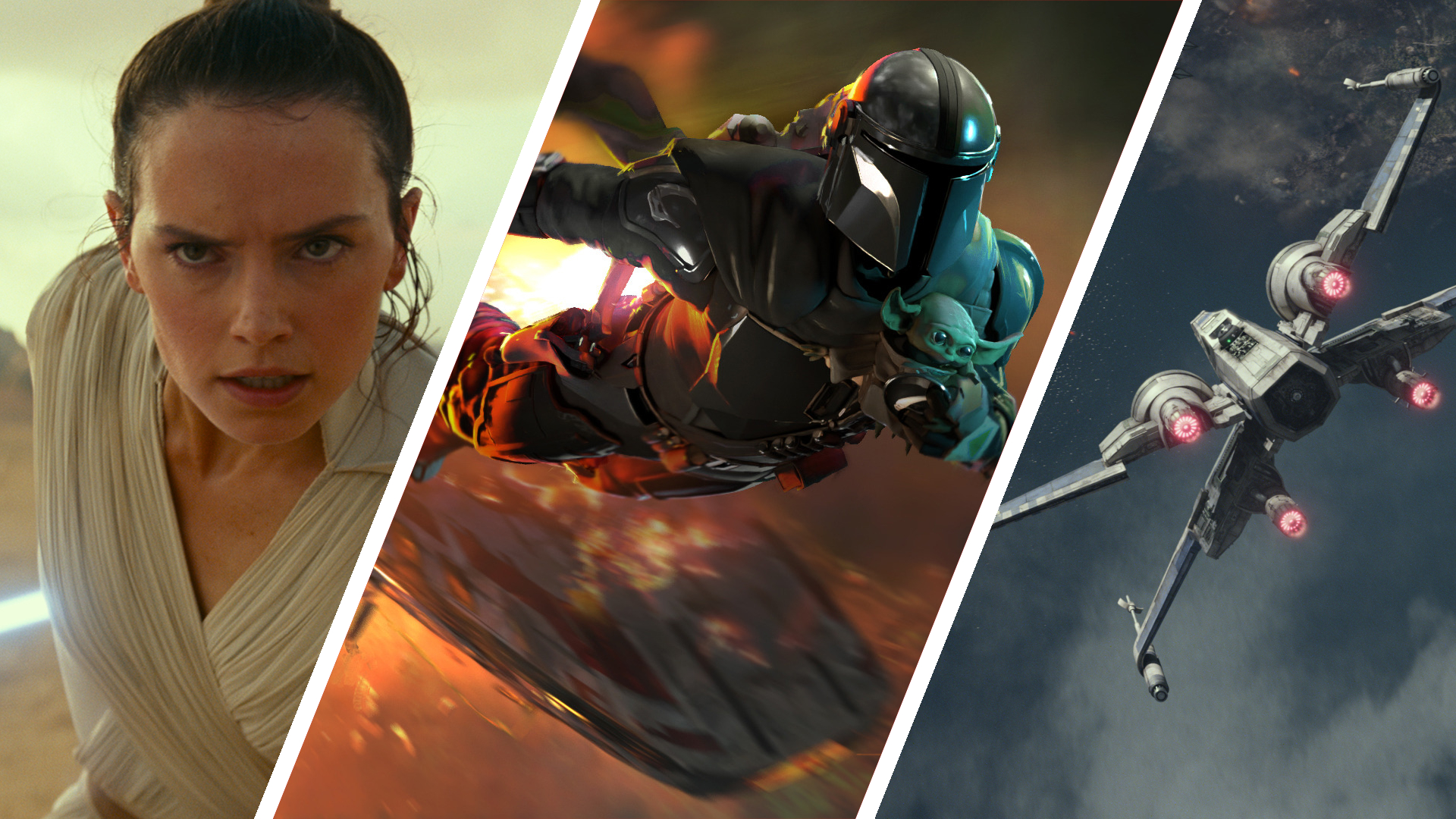 Split image showing (left) A young woman holding a blue lightsaber, (center) a silver-armored man carrying a small green alien, flying through the air with an exploding ship in the background, and (right) an x-wing starfighter.