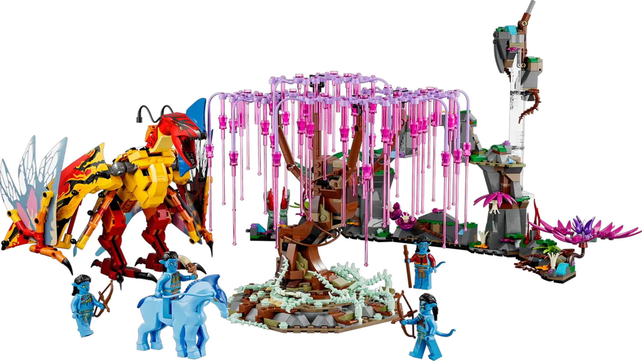 A brick-built tree with pink, droopy branches stands in the middle of several brick-built characters on a white background.