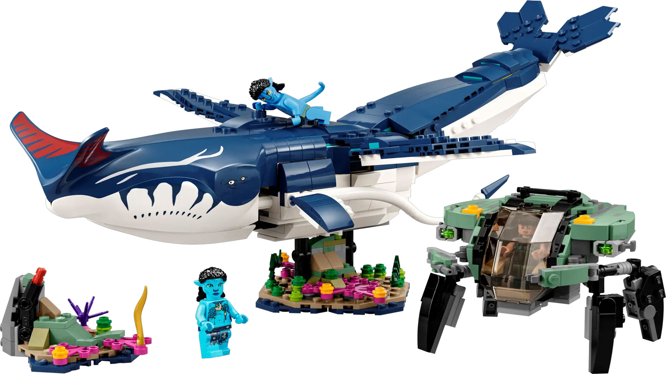 A large blue brick-built whale is displayed next to a mechanical crab and a blue minifigure, on a white background.
