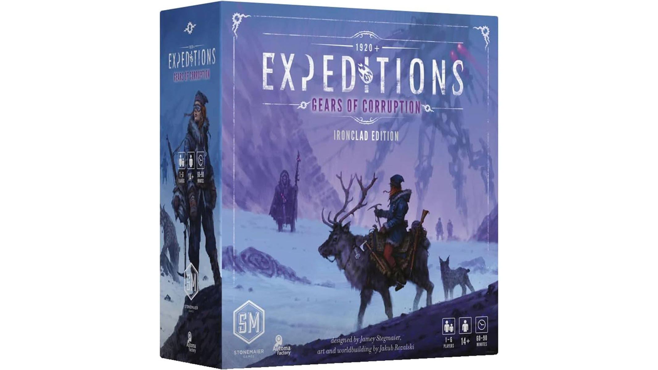 A purple box showing someone on the back of a moose in a snowy setting, all on a white background.