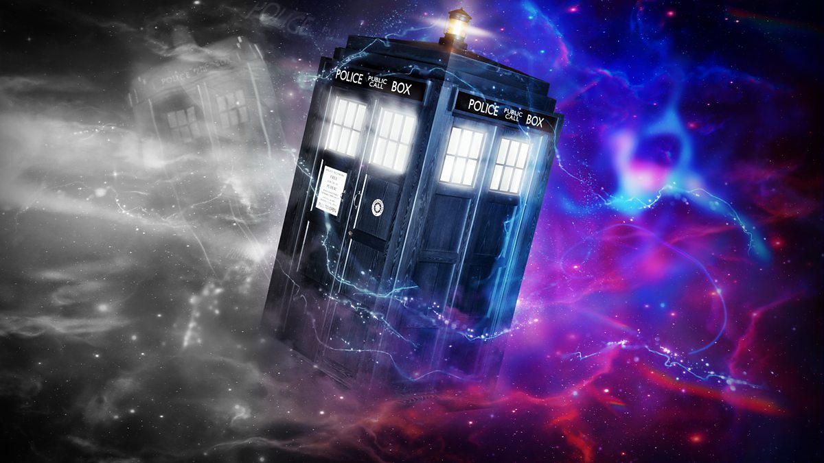The TARDIS shown flying through space, half in color and half in monochrome. This is promotional art for Tales of the TARDIS.