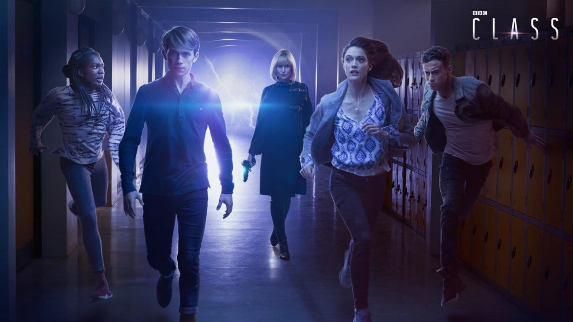 A group of teenagers running towards the camera with a bright light behind them. promotional art for Doctor Who spin-off 