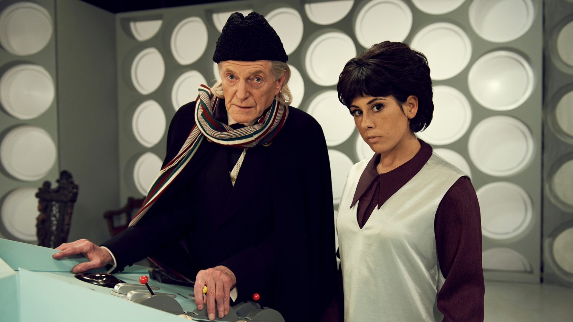 DAVID BRADLEY as William Hartnell, who played the First Doctor, and CLAUDIA GRANT as Susan Foreman in the Doctor Who spin-off 