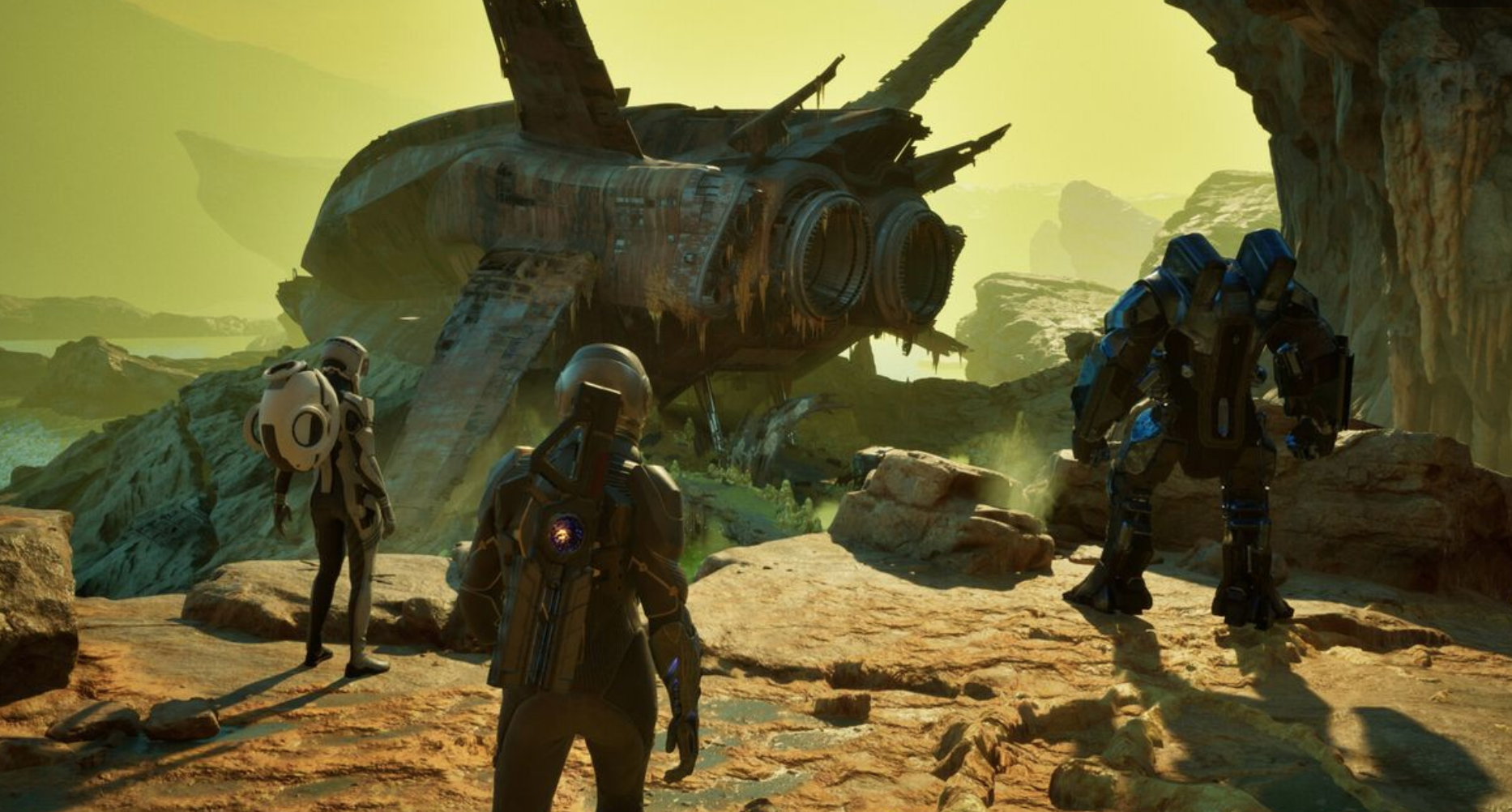 Sci-fi travelers gather around a spaceship