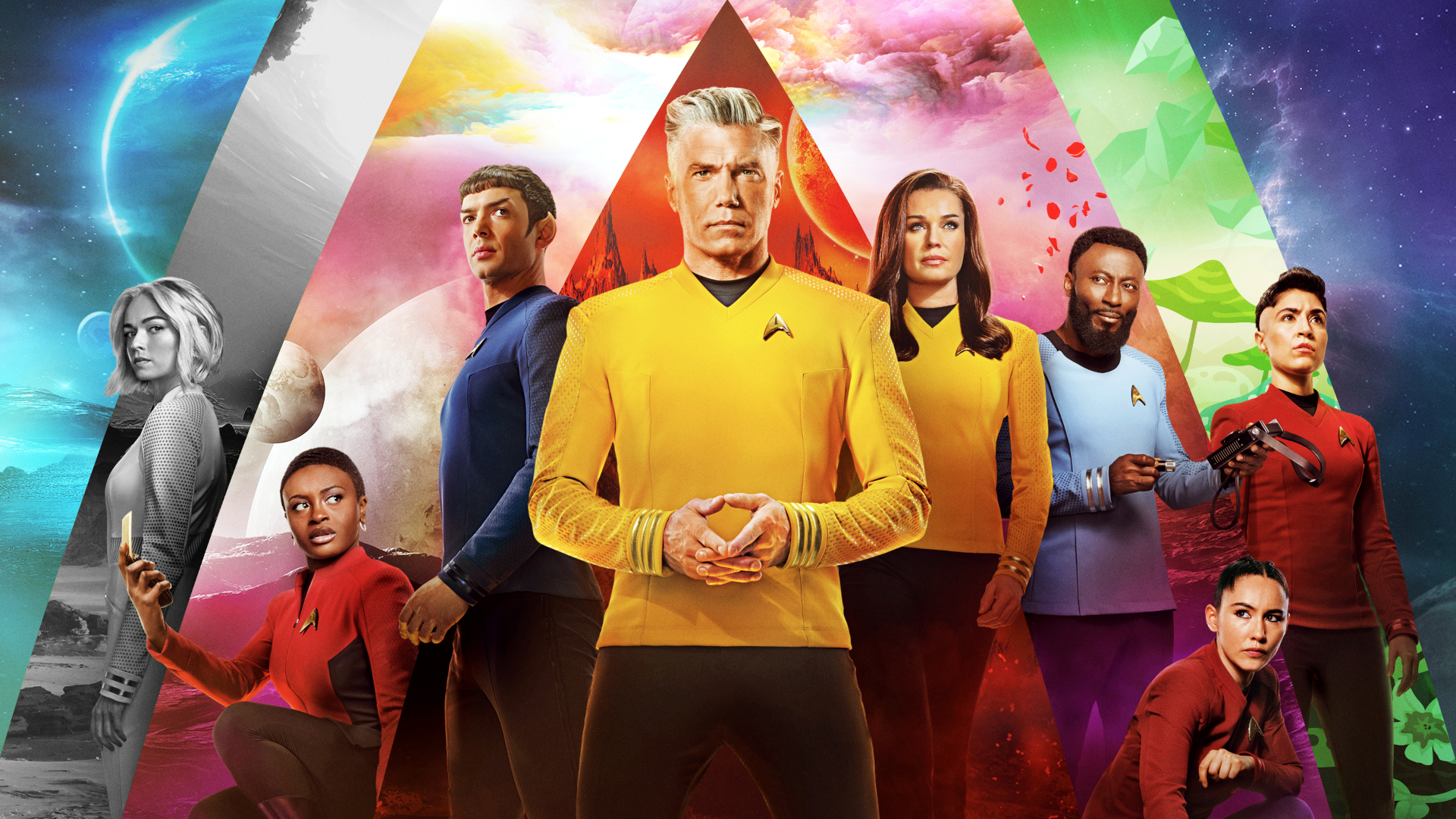 Jess Bush as Chapel, Celia Rose Gooding as Shura, Ethan Peck as Spock, Anson Mount as Pike, Rebecca Romijn as Una, Babs Olusanmokun as M’Benga, Christina Chong as La’an, and Melissa Navia as Ortegas of Star Trek: Strange New Worlds.