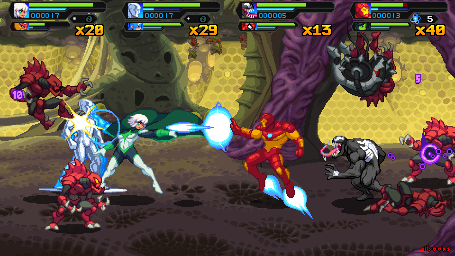 A series of screenshots from the Marvel Cosmic Invasion game, showing cartoon characters fighting.