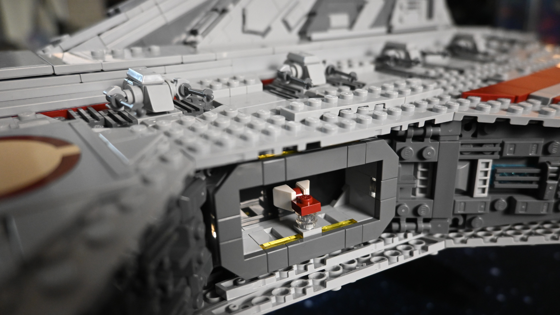 Image of the Lego Star Wars Venator-Class Republic Attack Cruiser. Close up of the hanger contain a tiny scale model of a Republic Gunship.