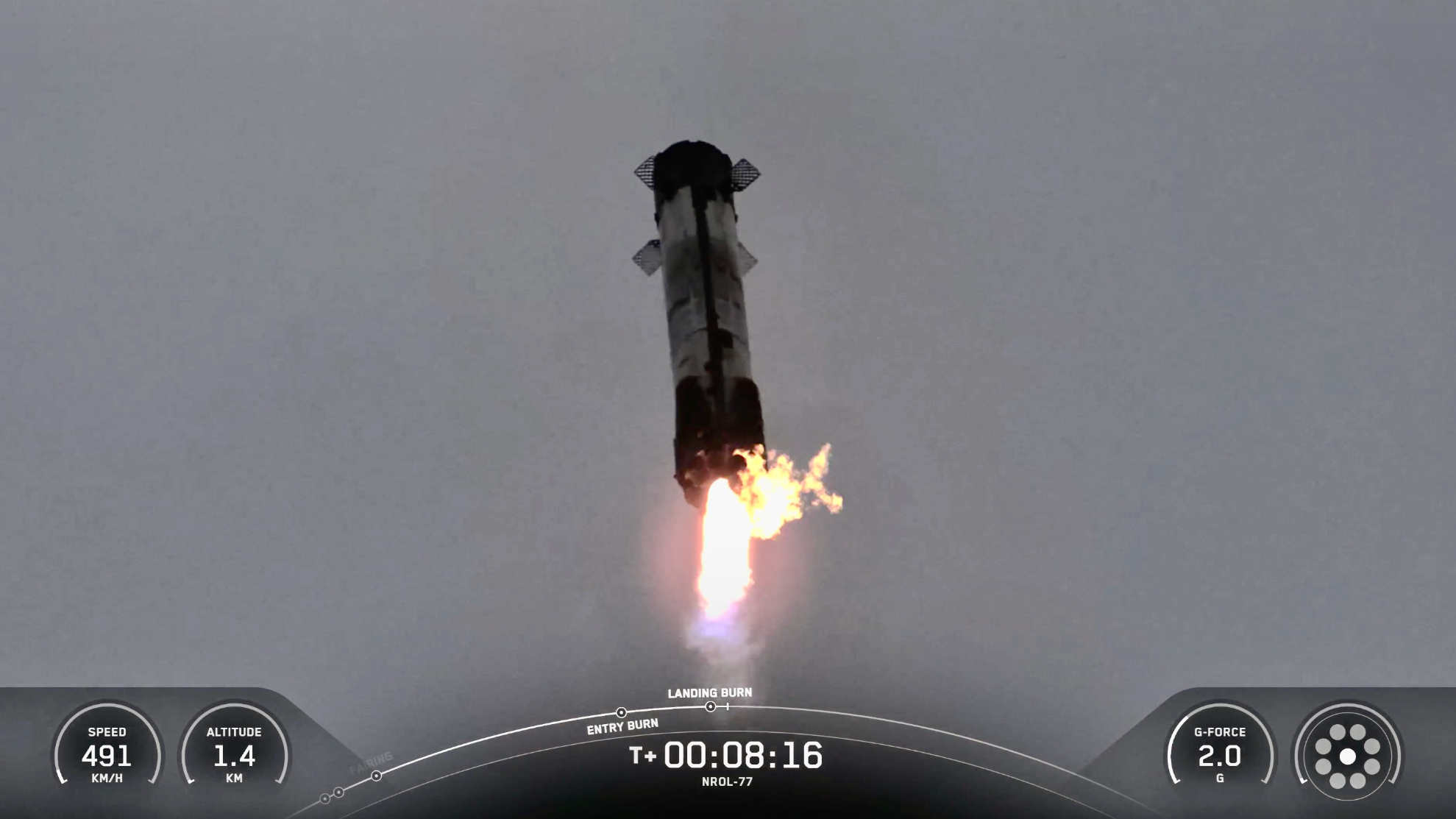 closeup photo of a black and white rocket descending through earth's atmosphere with fire spewing from several of its engines