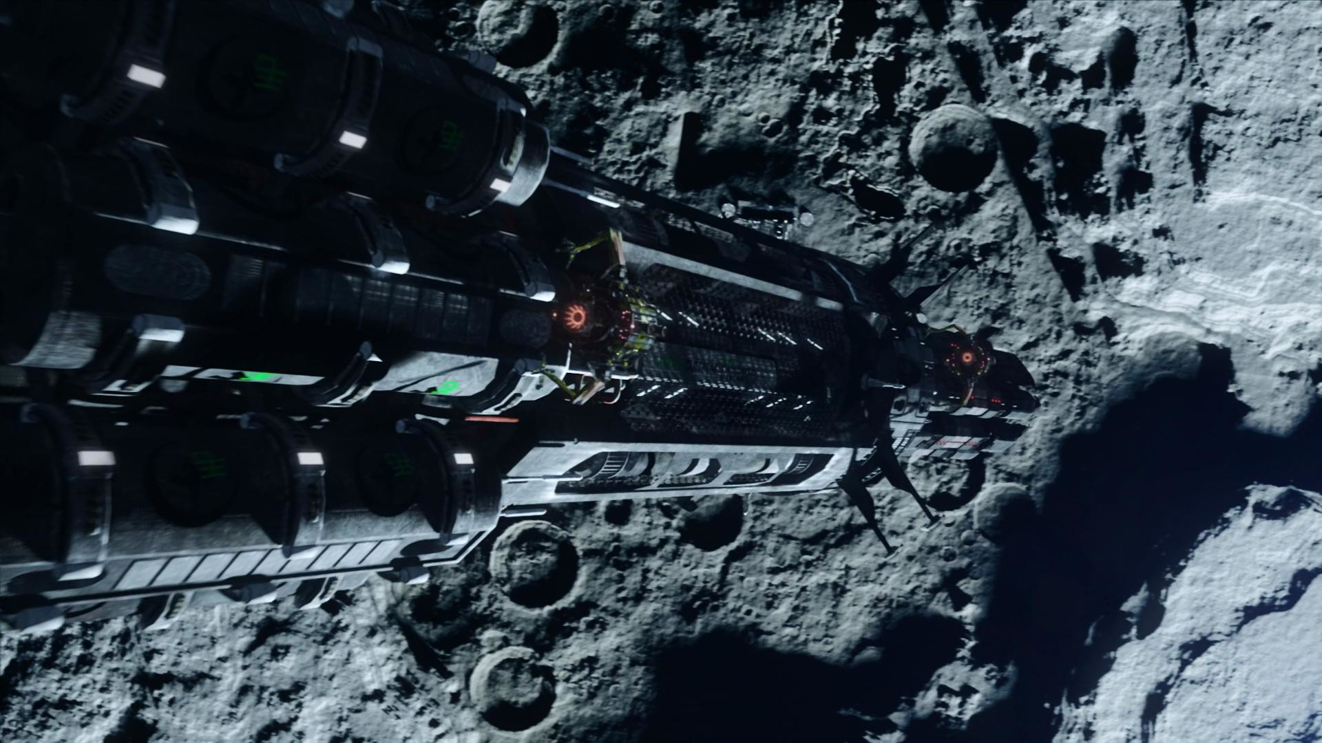 A spaceship in orbit around an asteroid in The Expanse