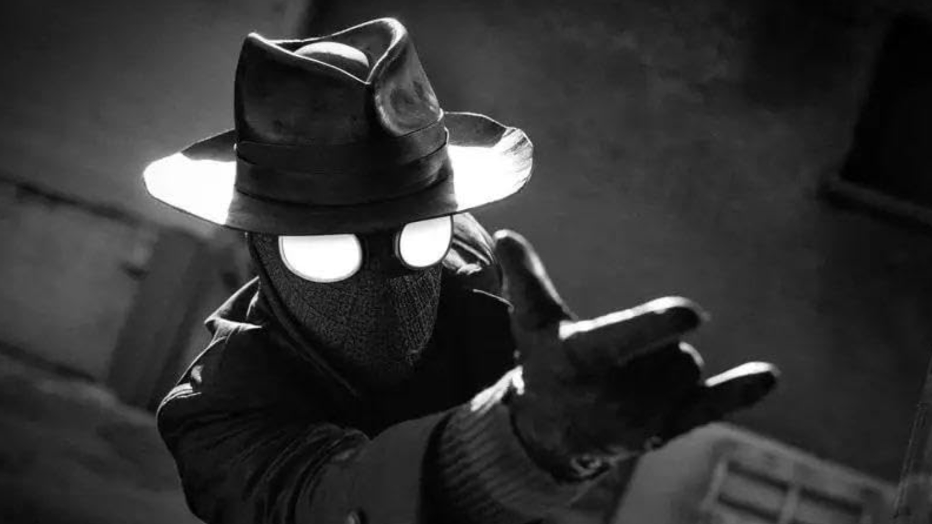 Spider-Noir wearing a hat and pointing his hand up into the air, preparing to shoot a web.
