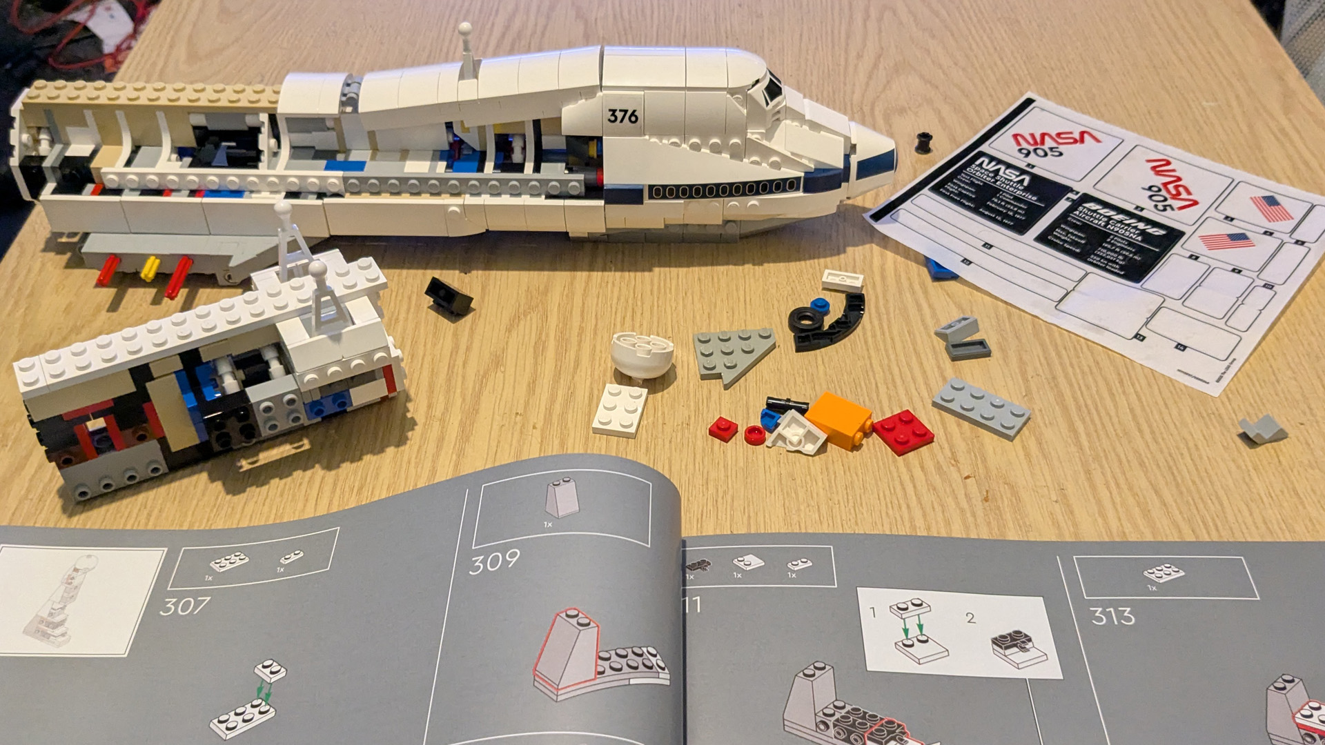 A Lego Icons Shuttle Aircraft Carrier, the pane being built. 